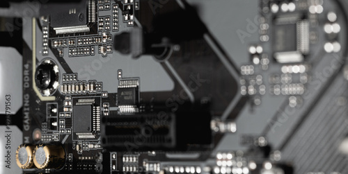 Inside the computer case, pc, computer hardware components closeup