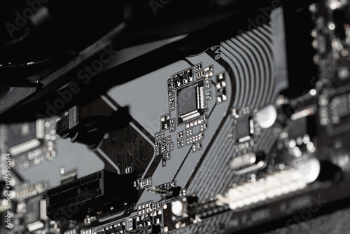 Inside the computer case, computer hardware components closeup