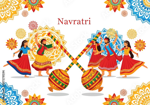 Happy Navratri festival with dancers performing garba and dandiya dance, traditional Indian celebration