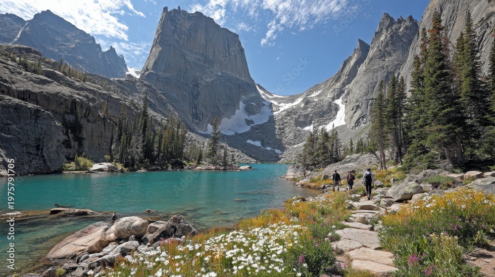 Obraz premium Sunlit granite valley with an emerald alpine lake and pine forest in summer