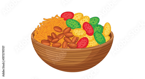 A colorful assortment of snacks overflows from a wooden bowl