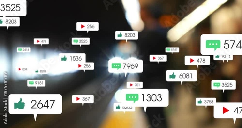 Train approaching metro, headlights starting social badges clustering near commuters, showing stats