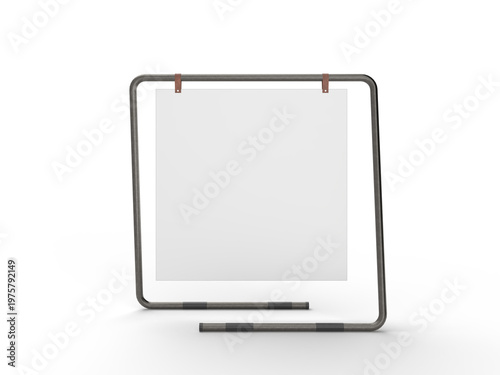 3D poster mockup on metal stand with blank paper sheet with metal base and leather. Blank white placard sign holder stand for presentation poster, banner, advertising, print showcase, creative display