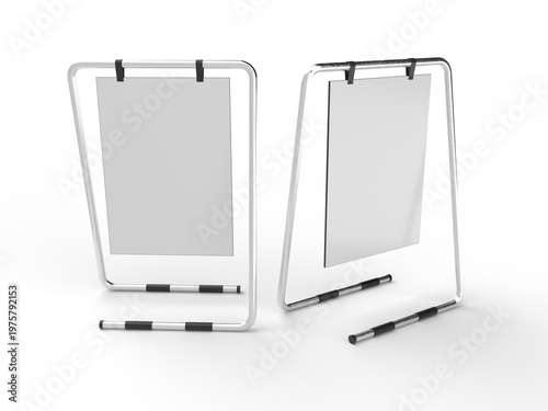 3D poster mockup on metal stand with blank paper sheet with metal base and leather. Blank white placard sign holder stand for presentation poster, banner, advertising, print showcase, creative display