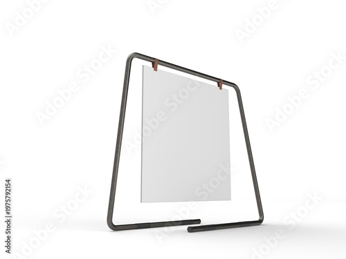 3D poster mockup on metal stand with blank paper sheet with metal base and leather. Blank white placard sign holder stand for presentation poster, banner, advertising, print showcase, creative display