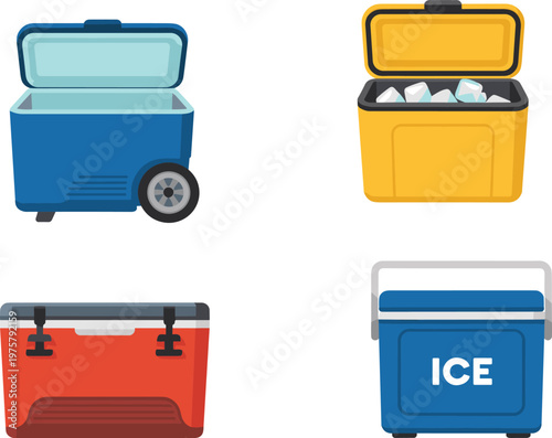 Cartoon coolers in colorful vector illustration of ice boxes and portable cold storage designs