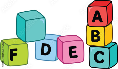 Colorful Alphabet Blocks Set with Letters A, B, C, D, E, F Educational Toy Cubes for Kids Learning and Preschool Vector Illustration