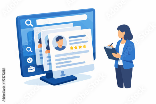 HR Manager Reviewing Candidate Profiles on Computer Screen for Hiring