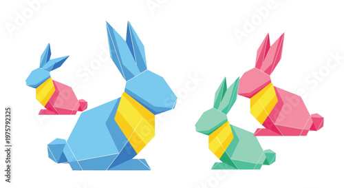 Geometric rabbits in various colors are digitally illustrated in a modern style