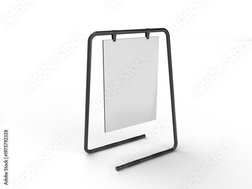 3D poster mockup on metal stand with blank paper sheet with metal base and leather. Blank white placard sign holder stand for presentation poster, banner, advertising, print showcase, creative display