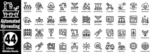 Automated Harvesting: Advanced robotic harvesting liner icons set for modern smart farms.