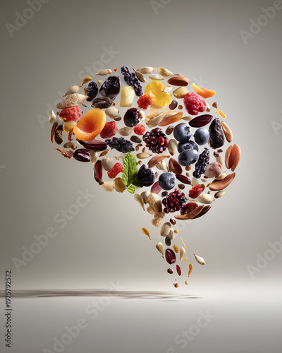 Brain shape made from seeds and fruits in dynamic overhead composition with flowing arrangement showcasing brain vitality nutrition and healthy lifestyle concept