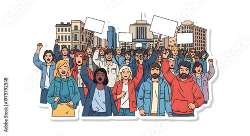 Diverse crowd of people protesting in city