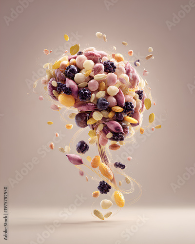 Brain shape made from seeds and fruits in dynamic overhead composition with flowing arrangement showcasing brain vitality nutrition and healthy lifestyle concept