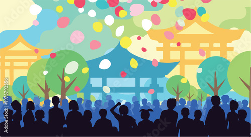 Silhouette of a crowd watching colorful confetti explode in front of traditional Asian buildings and trees in a lively outdoor setting.