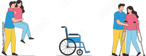 Cartoon disability support in colorful vector illustration of wheelchair, crutches, and helping people