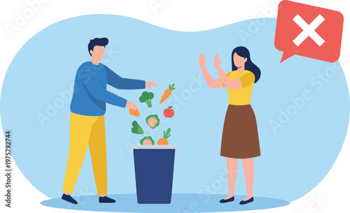 Cartoon food waste in colorful vector illustration of sustainability and responsible consumption
