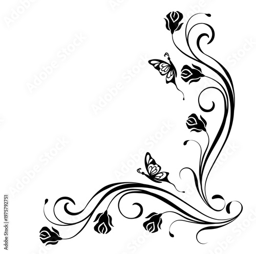 Floral corner ornament with butterflies and rose flowers vintage decorative border. Decorative element for decor and text greeting or invitation card design.