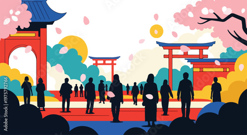 Vibrant illustration of people walking towards Japanese torii gates with cherry blossoms and a tree in a stylized scene.
