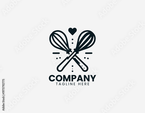 Whisk and spatula with hearts black vector logo illustration isolated on white background