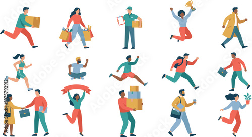 Active People Character Collection with Running, Shopping, Working, Celebrating, and Daily Activities Scenes for Lifestyle and Business Concept Vector Illustration
