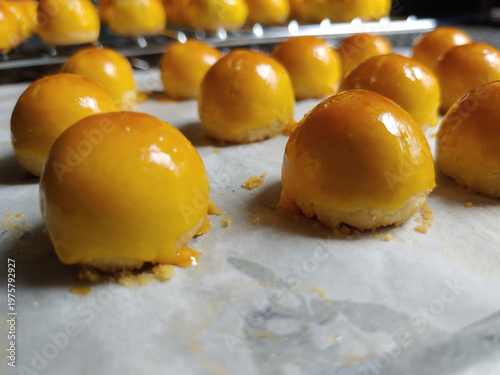 Selective focus of Kue nastar or pineapple tart. indonesian eid snack (kue lebaran). bright mood style. perfect for recipe, article, catalogue, or any commercial purposes.