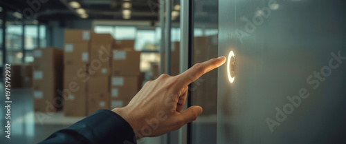 Man presses elevator button in storage area with many boxes in background during daytime
