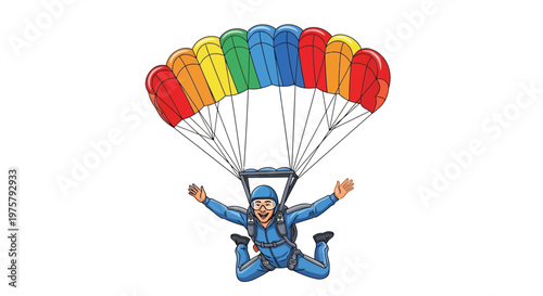 Cartoon illustration of a skydiver with a colorful striped parachute