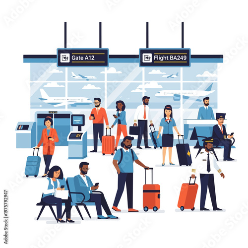 Diverse people in a busy airport terminal with luggage, check-in kiosks, and gate signs, illustrating modern air travel.