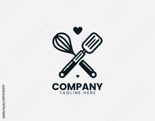 Whisk and spatula with hearts black vector logo illustration isolated on white background