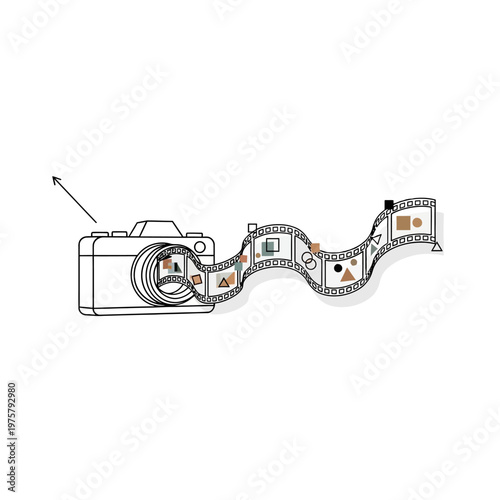 Line drawing of a camera capturing a wavy film strip with abstract shapes and patterns, illustrating the process of photography or visual storytelling.
