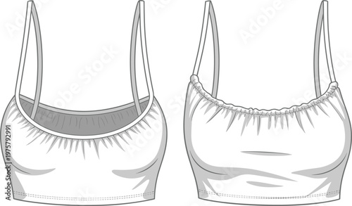 Cropped camisole top, women’s fashion flat, technical garment illustration, front and back view, apparel template, clothing pattern, vector drawing, design