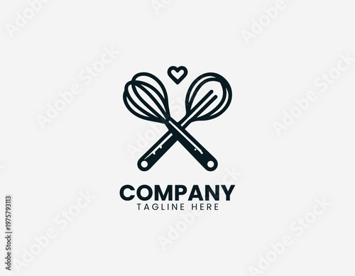 Whisk and spatula with hearts black vector logo illustration isolated on white background