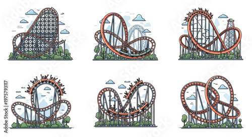 Colorful illustrations depict various looping roller coaster designs with trees