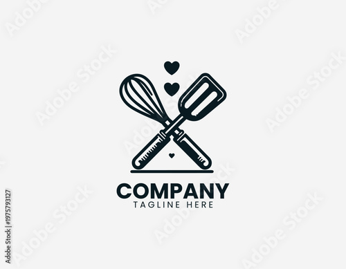 Whisk and spatula with hearts black vector logo illustration isolated on white background