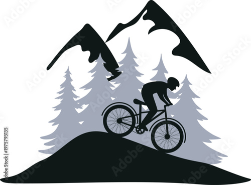 Silhouette of mountain bike rider and pine forest