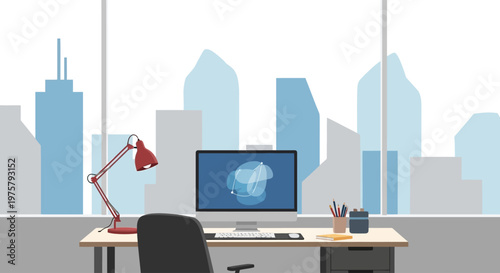 Modern office workspace with city view