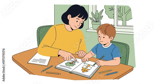 Mother and child reading book together at home