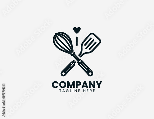Whisk and spatula with hearts black vector logo illustration isolated on white background