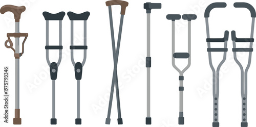 Cartoon mobility aids in colorful vector illustration of canes and crutches for walking support