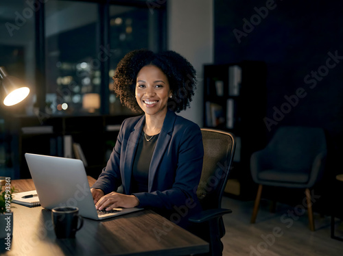 business woman working at desk smiling 