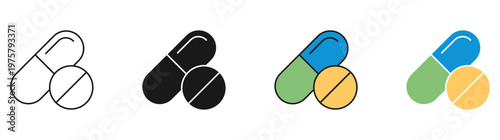 medical pills capsule icon. medical pills and capsule icon set for healthcare pharmacy and medication treatment