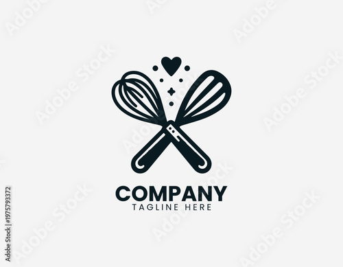 Whisk and spatula with hearts black vector logo illustration isolated on white background