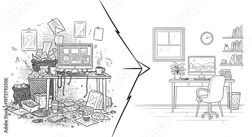 Organizing messy office space to tidy workspace