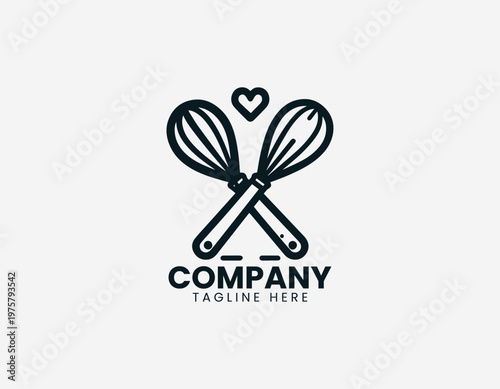 Whisk and spatula with hearts black vector logo illustration isolated on white background