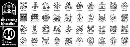 Line art icons for bio farming innovation and sustainable agriculture.