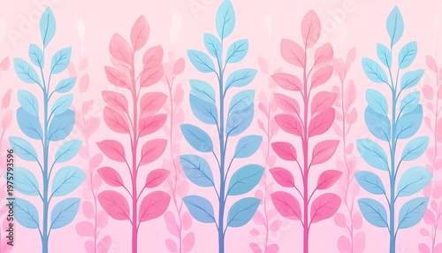 Serene Pastel Foliage Pattern, A Harmonious Blend of Soft Spring Colors and Gentle Pink Accents