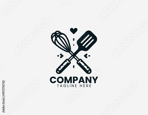 Whisk and spatula with hearts black vector logo illustration isolated on white background
