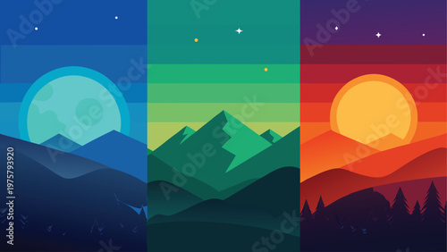 Colorful landscape, mountain range, sunrise sunset, vector icons