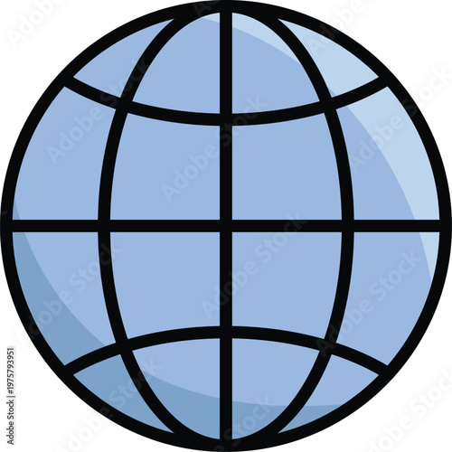 Flat blue globe icon with black grid lines representing worldwide connectivity, international business, and global communication networks.